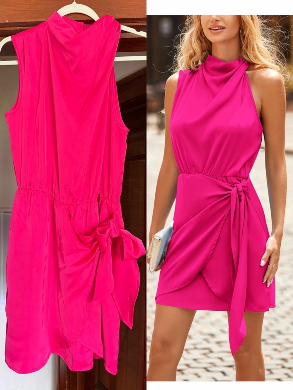 Womens Satin Mini Dress Hot Pink Tie Waist Halter Neck Barbie Party Sz Medium